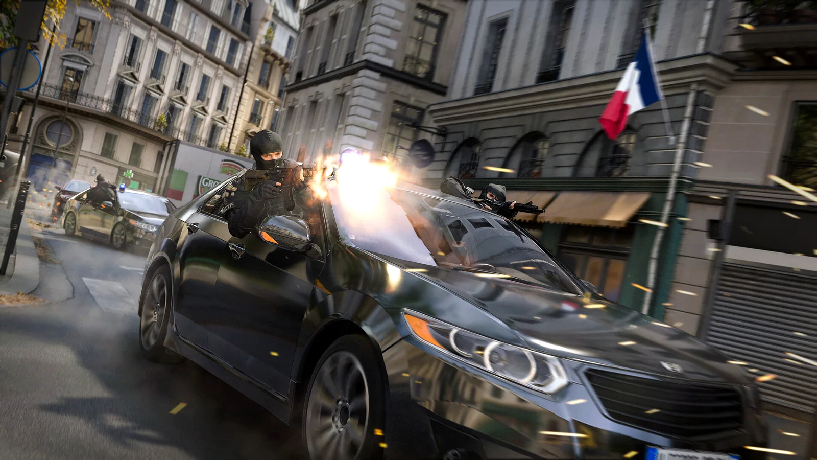 A car under fire on a city street