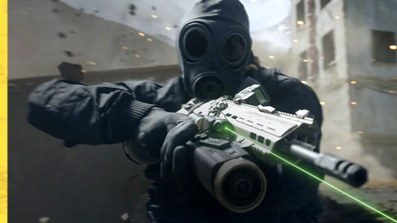 An operator firing a rifle amid flying debris