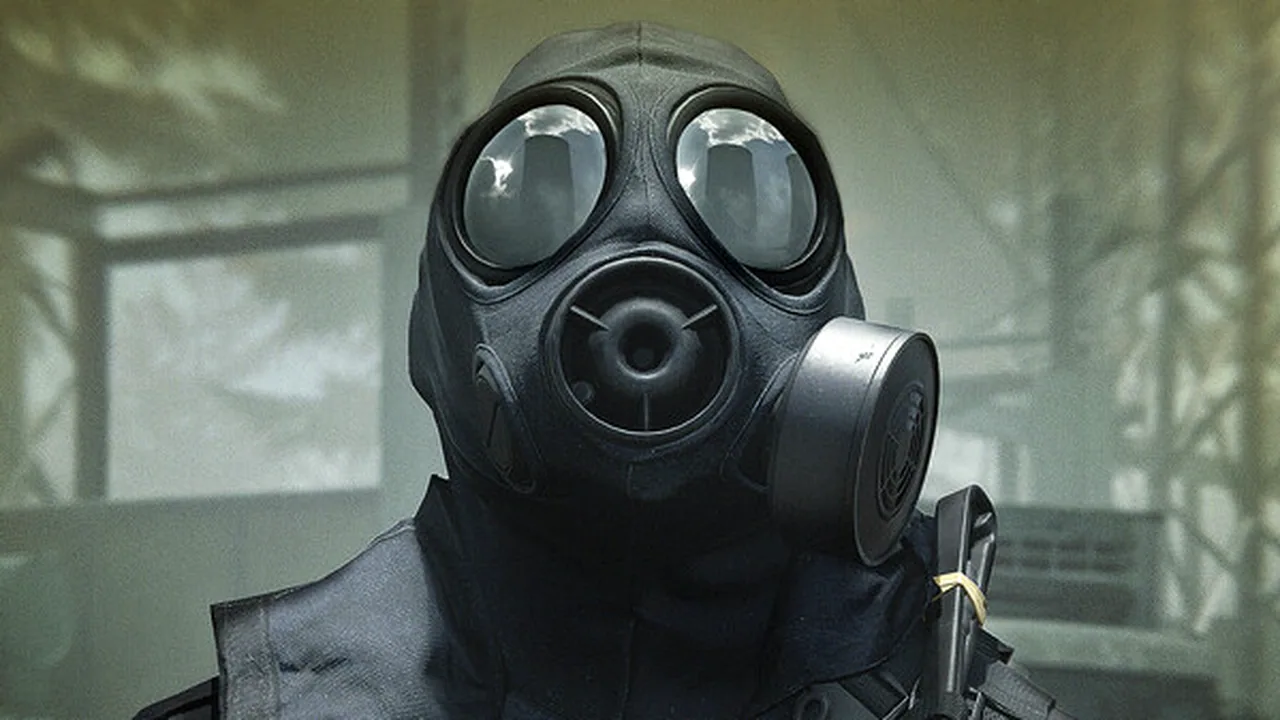 A figure behind a round-lensed gas mask